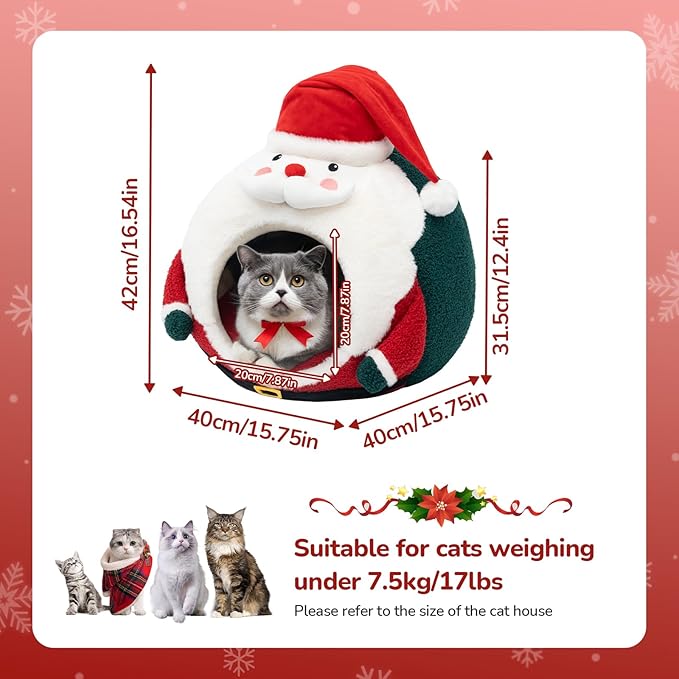 CATISM Christmas Cat Bed - Cat Bed for Indoor Cats, Cute Santa Claus Cat Beds with Warm Cushions Removable Cave with Non-Slip Bottom