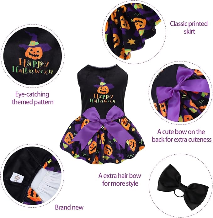 CuteBone Halloween Dog Dresses Velvet Holiday Small Dogs Clothes Onesie Pet Apparel Girl Puppy Skirt with Bow Hair Rope CVA41L-D
