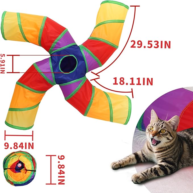 Pet Cat Tunnel, 4 Way Tunnels for Indoor Cats, Collapsible Pet Tunnel for Kitten, Puppy, Rabbit, 25cm-Wide Tunnels, Durable & Breathable, with Peek Hole Toy Ball