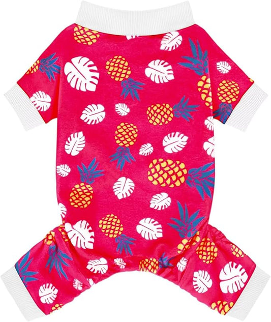 Paiaite 4-Legged Cotton Stretchable Jumpsuit Pjs: Pineapple Pattern Dog Pajamas - Lightweight Cozy Puppy Onesie Clothes, Comfortable Pet Sleepwear Jammies for Hair Shedding Coverage White Edge 3XL