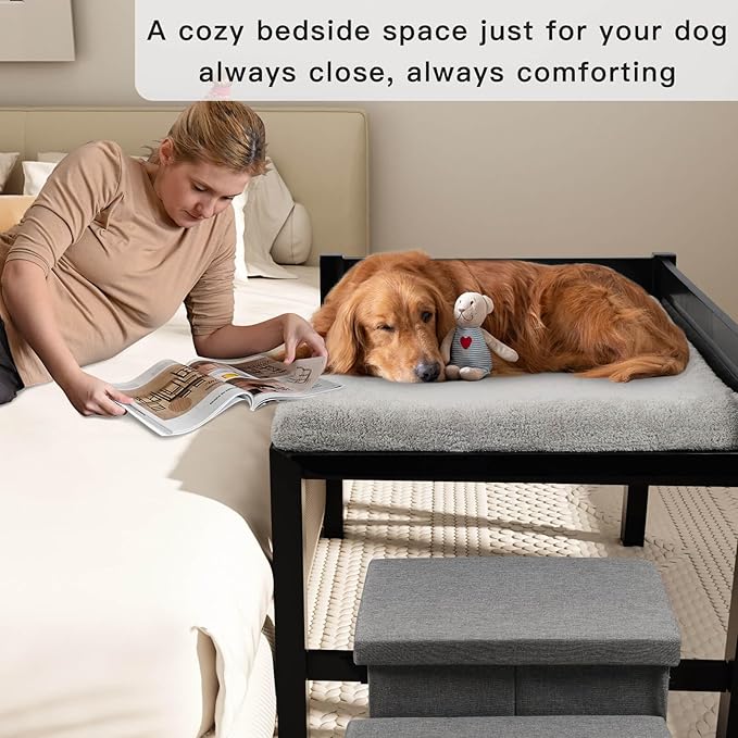 Bedside Dog Bed with Stairs，27×41 Wooden Elevated Dog Bed Cosleeper with Removable Mattress, Foldable 3-Step Stairs & Guardrail, Bassinet-Style Pet Bed for Large Dogs