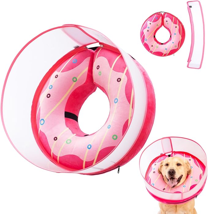 Inflatable Dog Cone Collar for Large Medium Small Dogs, Soft Dog Donut Collar Adjustable Recovery Cone for Pets After Surgery, Extra Enhanced Anti-Licking Guard Shield (Pink Donut, Large)