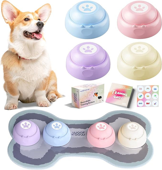 Recordable Dog Buttons, Loud 30-sec Voice Recording Buttons, Pet, Dog, Cat Buttons for Communication, Training and Talking Buttons for Small Dogs, with Mat, Training Manual, Stickers, 4 Buttons