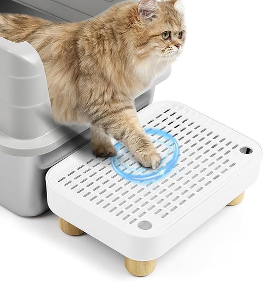Cat Litter Box Step Ramp, Cat Litter Catcher Mat with Wooden Feet, Filter Function, Pedal Stool for Self-Cleaning Litter Box, Ideal for Kitten & Elderly Cats (White)