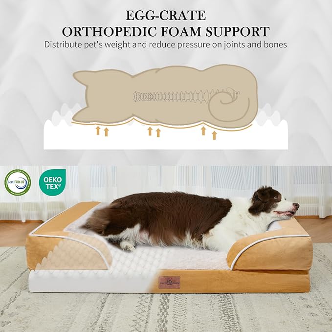 Comfort Expression Orthopedic Dog Bed for Extra Large Dogs 42x30 Inch, Waterproof Supportive Egg Crate Foam XL Pet Bed with Removable Bolsters, Dog Couch with Washable Cover & Non-Slip Bottom, Caramel
