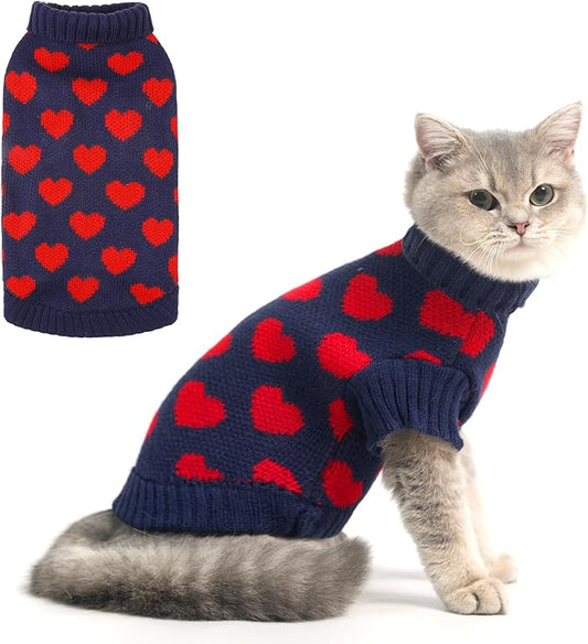 KOOLTAIL Cat Sweater Turtleneck - Soft Knit Sweaters for Small Medium Large Cats & Kittens - Warm & Thick, Red Heart Love Pattern - Navy