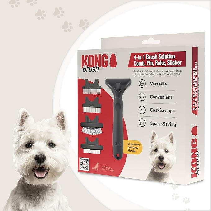 KONG 4-in-1 Interchangeable Dog Grooming Tool – Rake, Slicker, Comb & Pin Brush Heads, Versatile All-in-One Design, Non-Slip Handle, for All Coat Types, Red/Gray