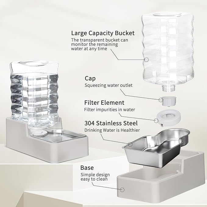 RIZZARI Stainless Steel Pet Water Feeder: 7.5L Automatic Leak-Proof Gravity Dispenser for Senior Dogs with Spine Problems - with Filter - Living Room Bedroom Use