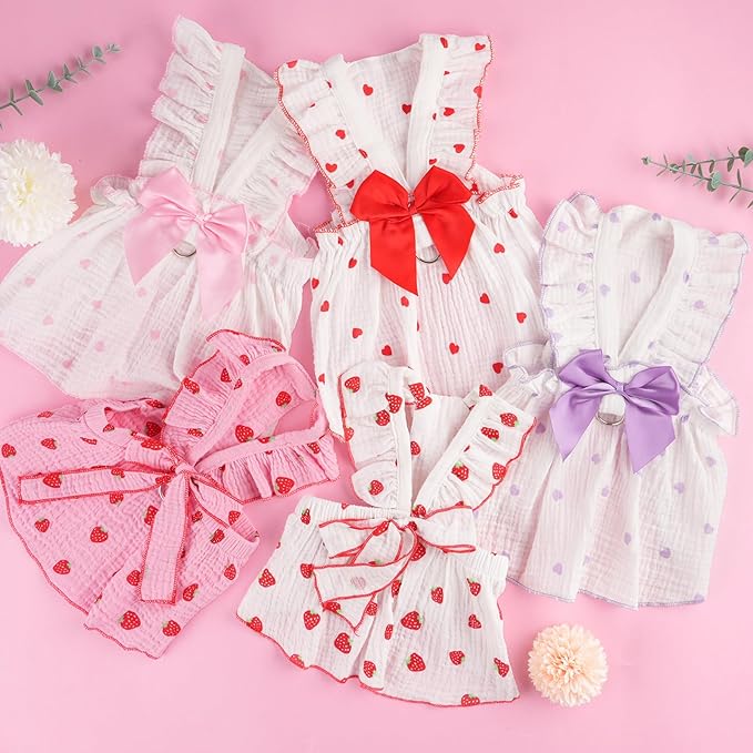 2 Pack Dog Dress Clothes for Small Dogs Girl with Leash Ring & Bow cat Dog Outfit Strawberry Printed Pet Cat Apparel Sweet Ruffled Chihuahua Yorkie Puppy Clothes