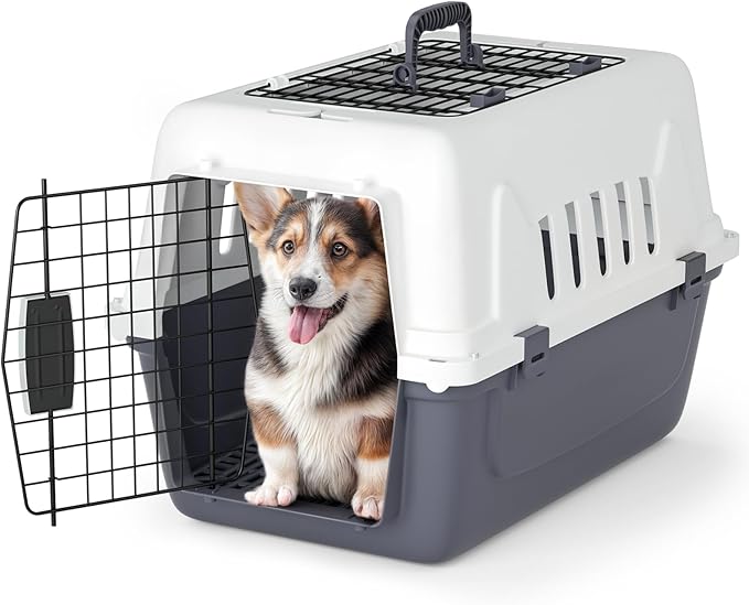 Magshion 22 Inch Hard-Sided Plastic Dog Carrier, 2-Door Top-Loading Kennel for Small Dogs and Cats Longer Traveling, Durable Handle, and 4 Sides Ventilation for Pet Up 22 lbs (White+Grey)