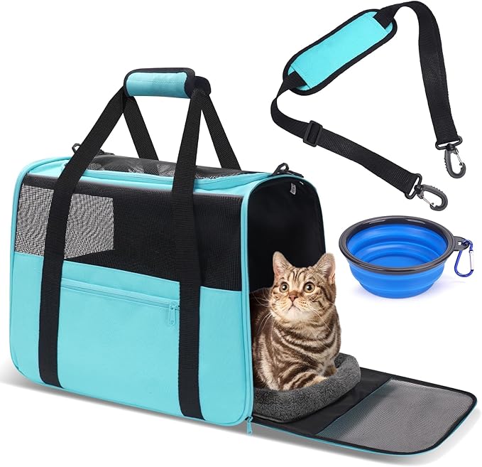 JUNGYOUN Premium Cat Carrier - Pet Carrier for Cat & Small Dogs up to 15lbs - Airline Approved Travel Dog Carrier with Anti-Escape Zippers, Collapsible Travel Bowl & Padded Strap,Blue