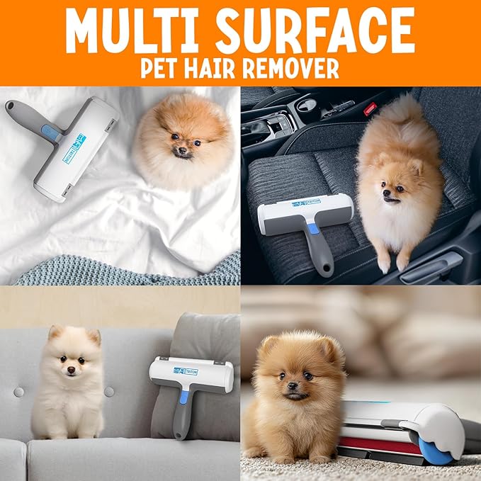 Triton Pet Hair Remover w/Fur Trapping Compartment - Easy to Use Pet Hair Removal Tool - Detachable Handle Cat & Dog Hair Remover for Car, Furniture, Clothes, Couch - Reusable Lint Roller (Gray/White)