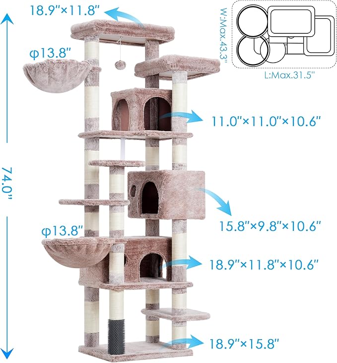 Hey-brother Cat Tree, 74 inches Multi-Level XL Large Cat Tower for Indoor Cats with Three Cat Condos, Two Large Top Decks and Cat Hairbrushfor Kittens, Cats and Pets,Muchroom MPJ035-MMU
