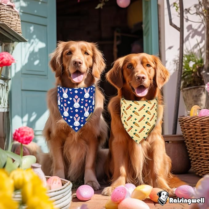 Easter Dog Bandanas 2 Pack, 4 Pattern Reversible Holiday Bandana for Boy and Girl, Premium Durable Fabric, Spring Triangle Scarf for Small to Medium Breed Dogs (Small)