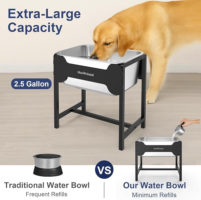 2.5 Gallon Elevated Dog Water Bowl for Large Breeds, 14.2" Tall Raised Stainless Steel Large Dog Water Bowl with Full Metal Stand for Relief Joint Pressure, Tip-Proof, Easy to Clean, Indoor & Outdoor