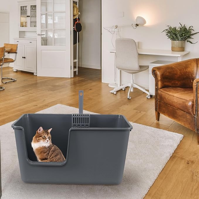 Xyskin 2-Pack Plastic Open Top Cat Litter Box, High Sides Cat Litter Pan with Scoop, Grey