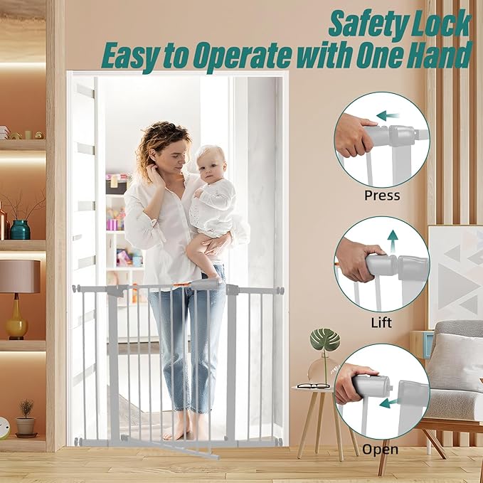 29-57" Dog Gates for Doorways No Drilling, Pet Gate Indoor, 30" Tall Metal Walk-Thru Gate, Easy One-Hand Open, Extensions & Wall Mounts Included (White, 57" W x 30.5“H)