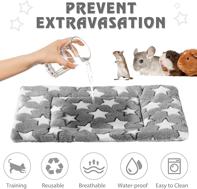 Haull 4 Pcs Waterproof Guinea Pig Bedding Winter Guinea Pig Bed Plush Cage Liners Soft Dog Cat Mat Reversible Winter Cozy Animal Pee Pad Hamster Bed Mat for Bunny(Black White Star,13 x 18.5 Inch)