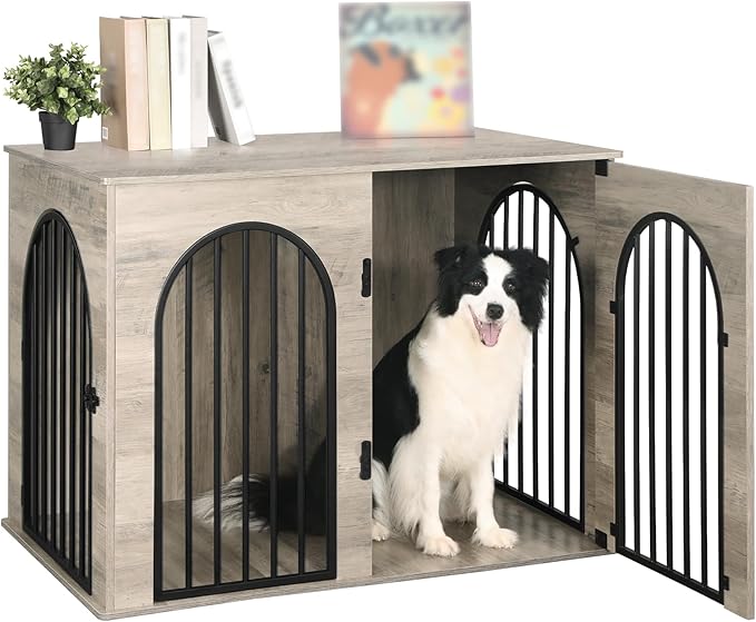 44.1" Wooden Dog Crate Furniture, Indoor Dog Kennel Dogs Cage for Small/Medium/Large Dogs, Heavy Duty Dog Crates Decorative Pet House End Side Table TV Stand, Greige Black DFC83905B