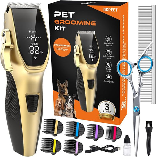 Dog Grooming Kit Low Noise，Cordless 4 in 1 Dog Clippers for Grooming Rechargeable Pet Cat Hair Trimmer with 2 Speed,6 Guards,Scissors,Comb for Small Medium Large Pets Dogs Cats Hair Cutting Gold