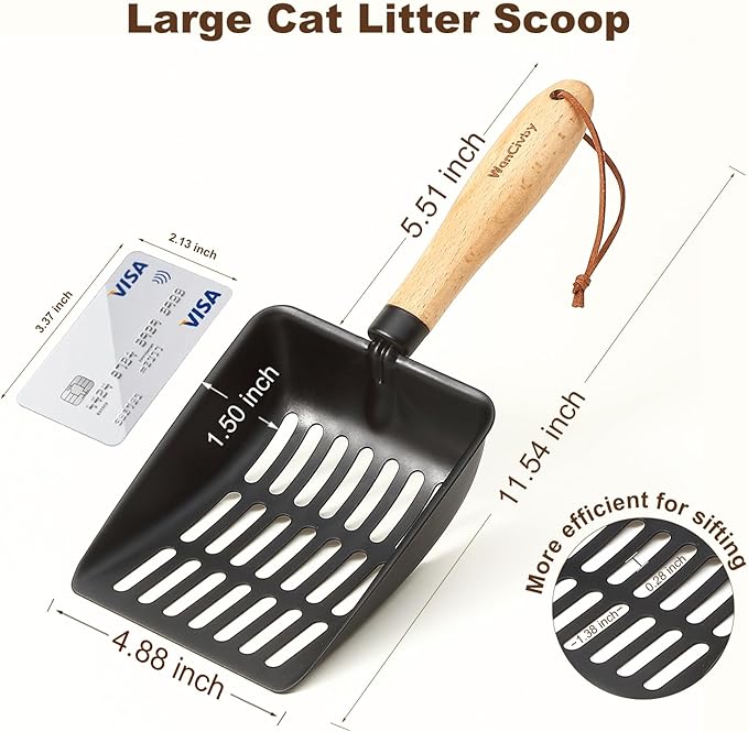 Premium Cat Litter Scoop with Ergonomic Beech Wood Handle - Stainless Steel Sifter with Hook & Hole for Easy Cleaning, Durable & Odor-Free (Teflon)