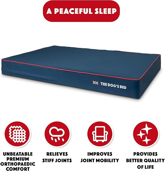 The Dog’s Bed Orthopedic Cooling Memory Foam Dog Bed, XXL Blue Oxford with Red Trim UK Flag Pain Relief for Arthritis, Hip & Elbow Dysplasia, Post Surgery, Supportive, Calming, Waterproof Washable