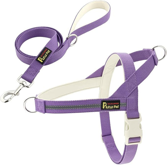Plutus Pet Cotton Dog Harness and Leash Set, Reflective and Soft Padded, Quick Fit Vest Harness, for Small, Medium and Large Dogs, Medium Purple, L