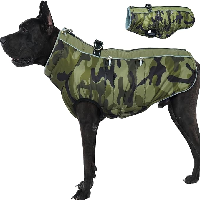 Dog Coat Winter Warm Dog Jackets for Large Dogs Reflective Snowsuit with Harness Fleece Dogs Snow Jacket Waterproof Pet Clothes for Cold Weather