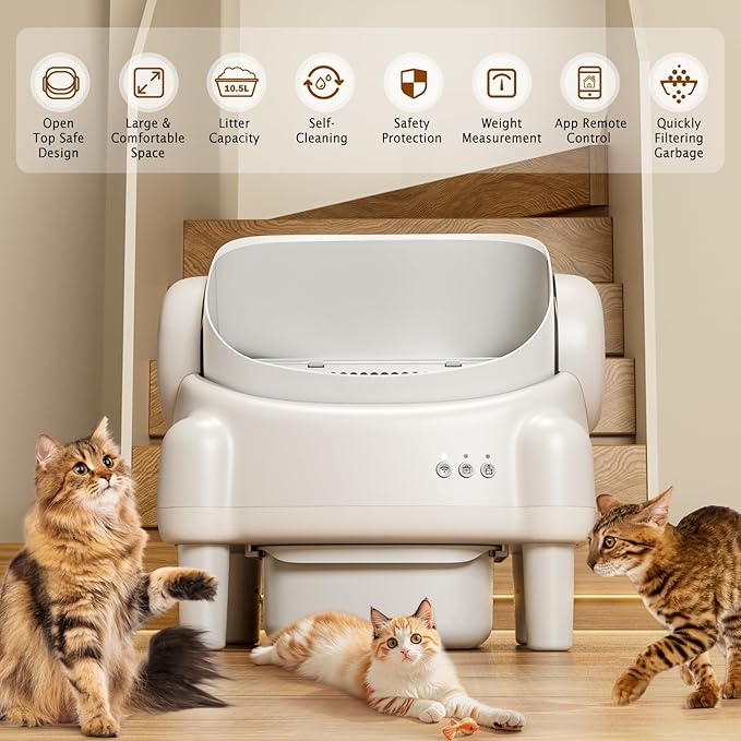 Automatic Litter Box,Open Top Self Cleaning Litter Box with App Control for Multiple Cats, Safety Sensors Protection, Odor Control Includes 2 roll Liners,Large Waste Bin, Cream White