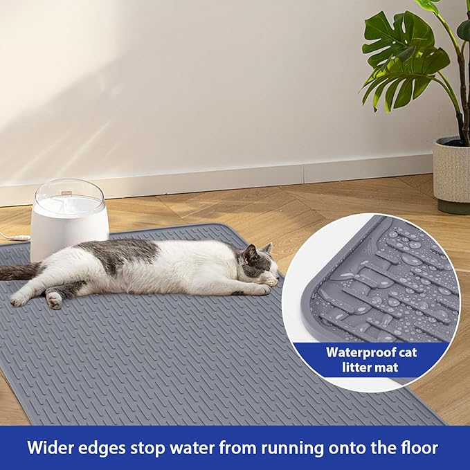 Cat Litter Mat,34x22in Litter Mat with Raised Edges,Waterproof Rubber Litter Box Mat,Soft Washable Cat Litter Mats Litter Trapping Mat Easy to Clean,Indoor Floor Large Kitty Litter Mats Grey