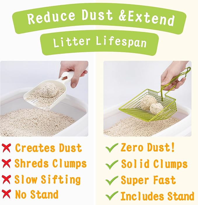 DHXYZZB Cat Litter Scoop with Holder, Metal Cat Litter Scoop Deep Shovel Kitty Poop Scooper Stand for Litter Box, Fast Sifting Non-Stick Cat Poop Sifting with Container to Store cat Scooper