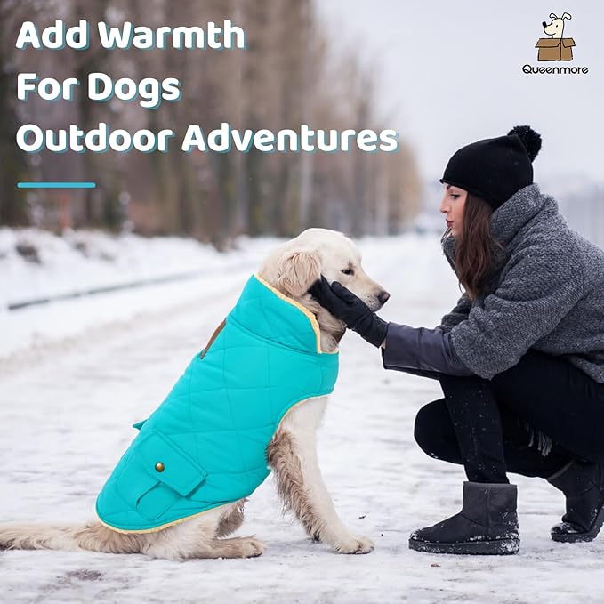 Queenmore Warm Dog Coat, Cold Weather Puffer Dog Coat Vest, Quilting Winter Pet Jacket Ultra Thick Plush Fleece Lining Pet Clothes for Dogs with Storage Pockets (Light Blue, X-Small)