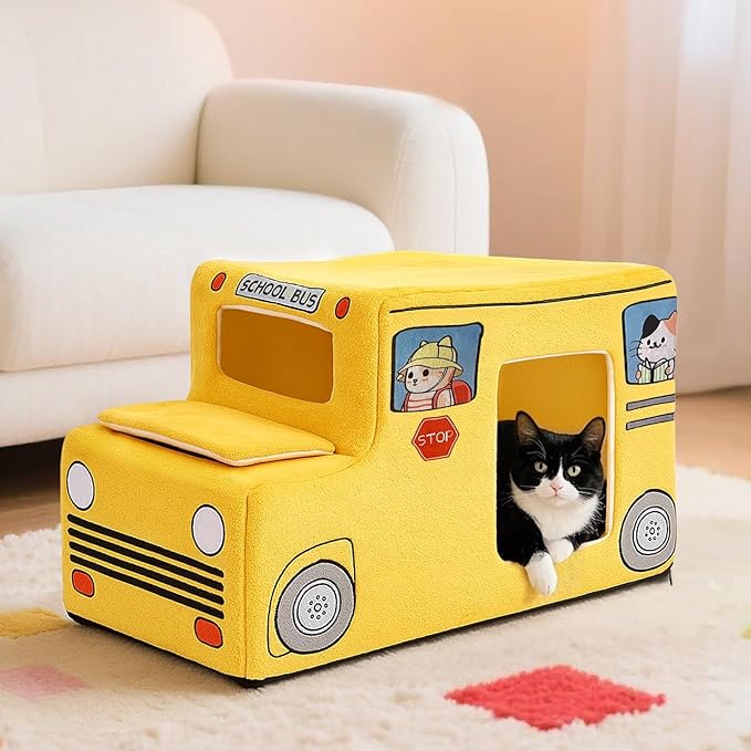 Cute Cat Beds Kitten Beds, Soft Small Dog Beds, Washable Pet Beds for Puppy and Kitty, Funny School Bus Cat Cave, 23 Inches