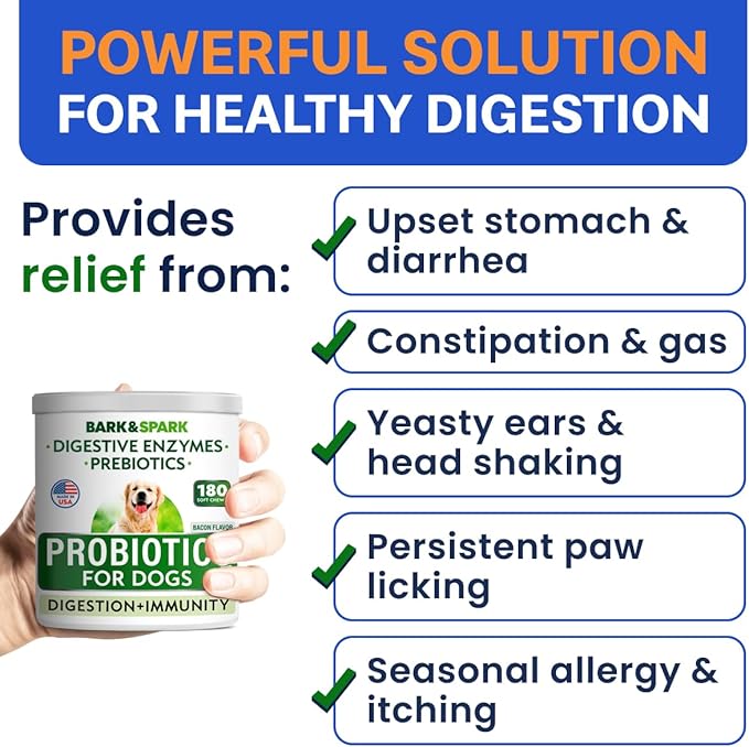 Bark&Spark Dog Probiotics & Digestive Enzymes (Gut Health) Allergy & Itchy Skin - Pet Diarrhea Gas Treatment Upset Stomach Relief Pill, Digestion Health Tummy Treat (180Ct Bacon)