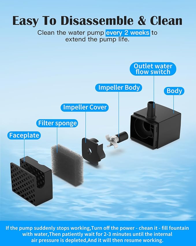 Replacement Dog Water Fountain Pump for lesotc Stainless Steel Pet Fountains, Quiet Cat Water Bowl Dispenser Pump with LED Low Water Shut Off, Fits 3 Gallon Large Dog Models D2223 D2322 D2341 D2419