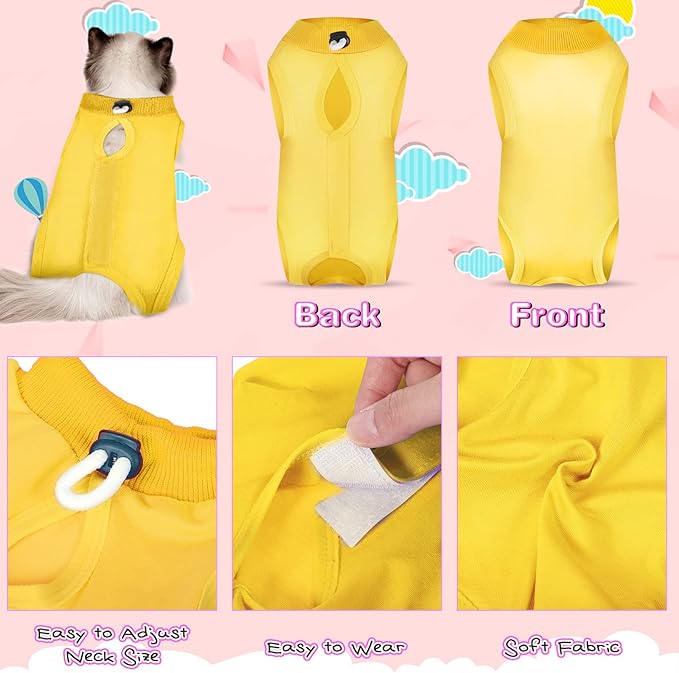Nuanchu 3 Pieces Cat Recovery Suit Kitten Recovery Suit E-Collar Alternative for Cats and Dogs Abdominal Skin Anti Licking Pajama Clothes Sets(Large,Simple Style,Yellow Green Pink)