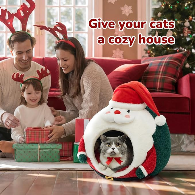 CATISM Christmas Cat Bed - Cat Bed for Indoor Cats, Cute Santa Claus Cat Beds with Warm Cushions Removable Cave with Non-Slip Bottom
