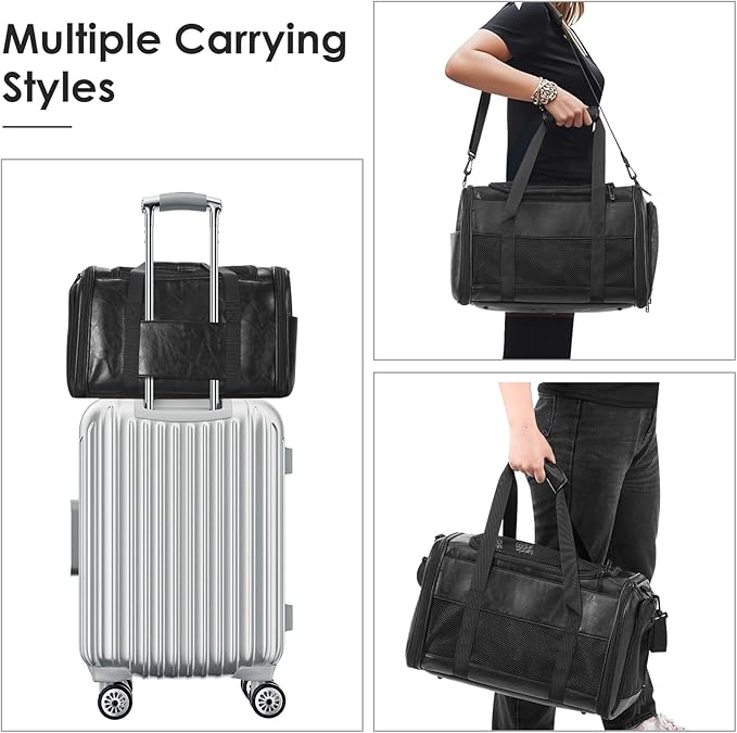 Fashion Leather Dog Carrier, Airline Approved Cat Carrier Soft Sided Pet Bag Carrier Purse for Puppy Kitten Small Animals Black
