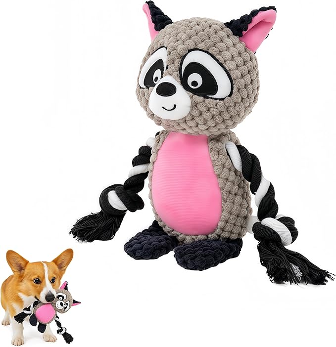 Plush Raccoon Dog Toy with Rope Arms, Squeaky Interactive Pet Toy, for Small & Medium Dogs