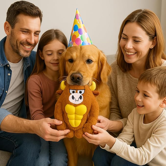 Tough Dog Toys for Heavy Chewers, Interactive Plush Dog Chew Toys with Rubber Muscles, Squeak Dog Toys for Aggressive Chewers, Dog Toy for Small Medium Large Breed (Hercules Cow)