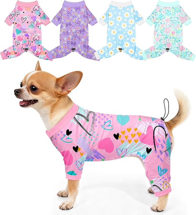 Bienbee Dog Pajamas, 4 Pack Cute Soft Dog Puppy Clothes Dogs Pjs Onesies Jammies Outfit Adjustable Breathable & Stretchy Clothes for Small Medium Large Dogs Girl Boy Puppy-XS