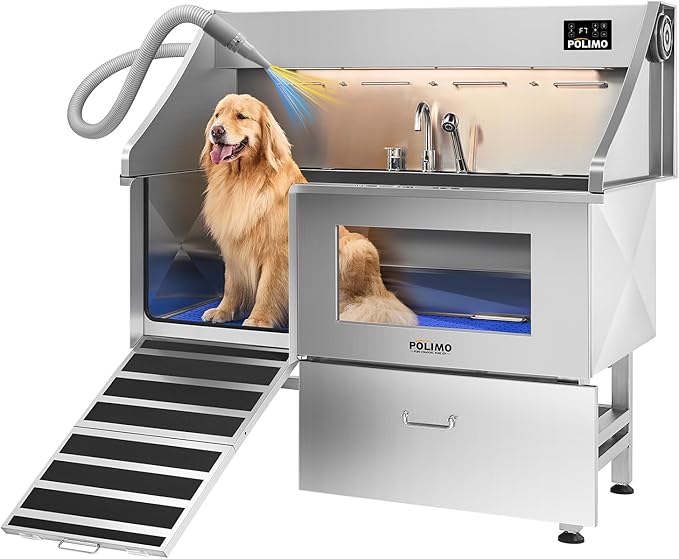 POLIMO Dog Wash Station with Pet Dryer & LED, Professional Dog Bathing Station for Large, Medium & Small Dogs – with Window, Ramp, Drawer, Floor Grate, LED Display & Faucet (Left RAMP & Dryer, 61")