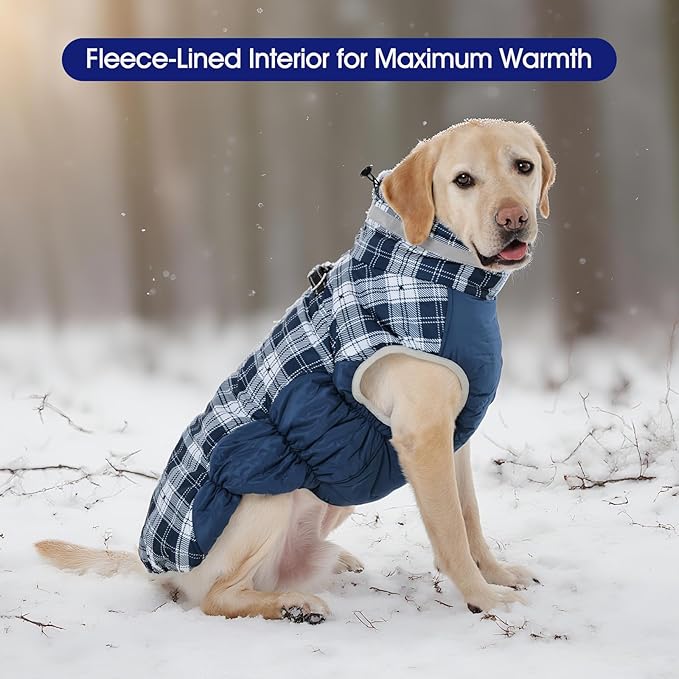 FUAMEY Dog Coat for Small Dogs,Waterproof Dog Winter Jacket with Harness Built in Puppy Cold Weather Coats Reflective Pet Vest with Zipper Warm Fleece Dogs Snowsuit Windproof Blue Plaid S