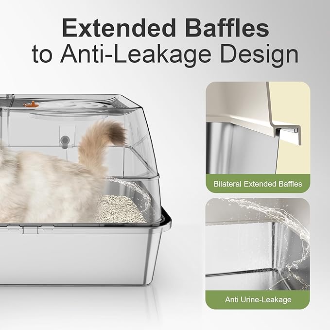 Stainless Steel Litter Box with Lid, XL Extra Large Litter Box, Enclosed Top Entry Metal Litterbox for Big Cats, Easy Cleaning, Anti-Leakage & High Sided with Mat, Aisle & Scoop, Beige