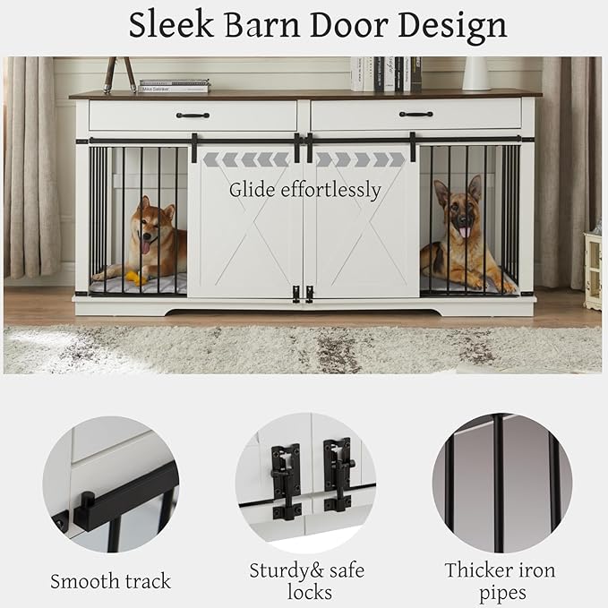 Dual Dog Kennel for 2 Medium Dogs, Wooden Furniture-Style Pet Crate with Removable Divider - 72.5 inch W Indoor Dog Cage Doubles as TV Stand & Display Shelf (White)