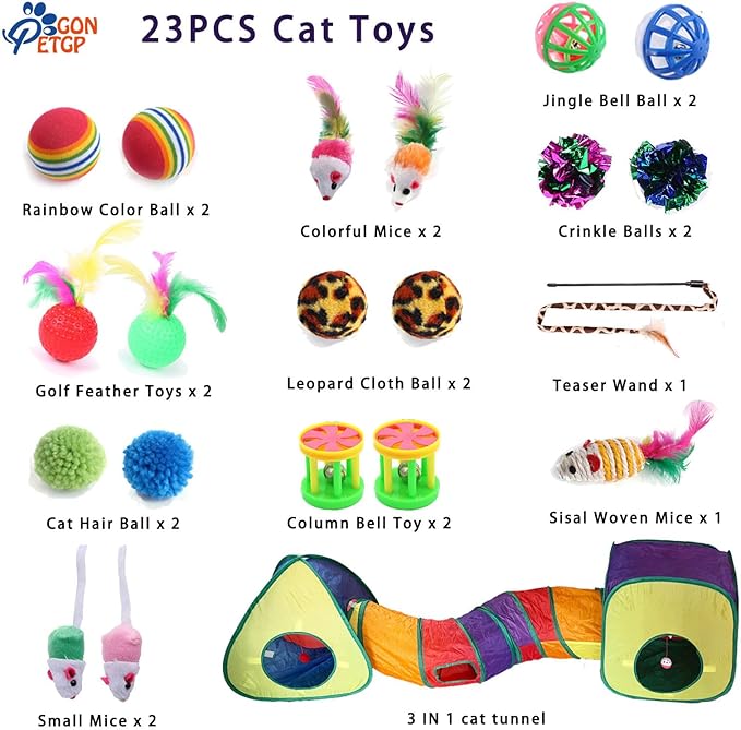 Cat Toys for Indoor Cats, Kitten Toys Set, Collapsible Pet Tunnel Cube Tent Toys, Interactive Cat Feather Teaser Wand Cat Bell Balls Fuzzy Ball Springs Mouse Toys (Rainbow)