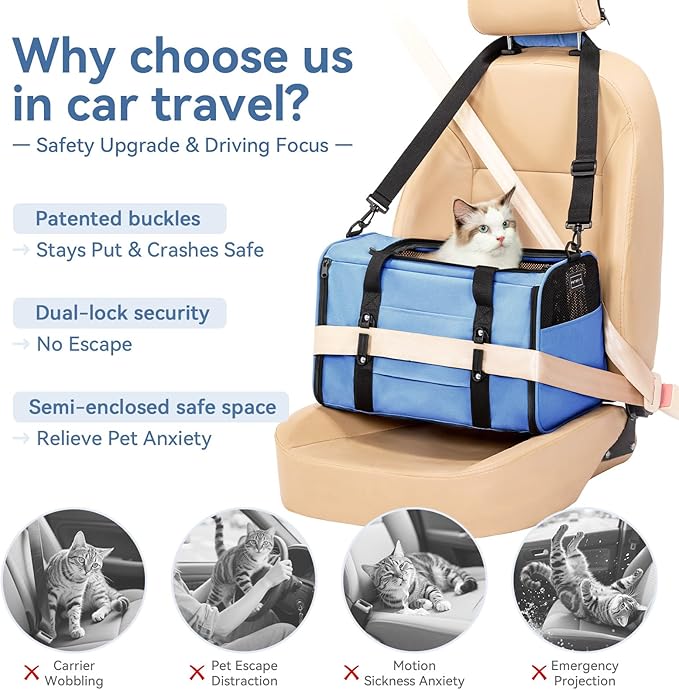 PETSFIT Cat Car Carrier for Medium Cats Dogs, 19"x12"x12" TSA Approved Pet Carrier, with Patent Safety Buckles and Escape-Proof Zipper - Safeguarding Car Travel, Vet Visit, Outdoor
