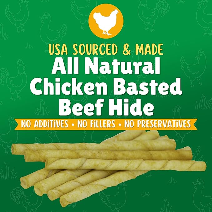 Chicken Basted Rawhide Twist Sticks Dog Treats – 325ct. Premium Rawhide Chew Sticks – Long Lasting Chicken Flavored Chews for Small Dogs Made in USA with Natural Beef Hide