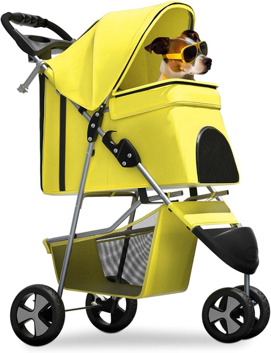 Magshion 3-Wheel Pet Stroller, Foldable Travel Jogger for Small & Medium Dogs & Cats (Up to 33lbs), Lightweight Carrier with Breathable Mesh Cover, Cup Holder & Storage Basket, Yellow