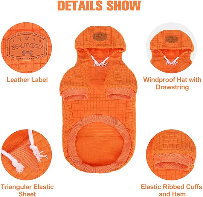 BEAUTYZOO Small Dog Hoodie Sweater with Pockets, Dog Clothes for Small Medium Dogs Boy Girl, Waffle-Like Laminated Cotton Pet Coats with Hat and Leash Hole, Orange L